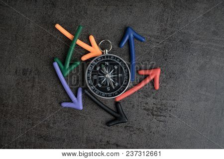 Uncertain Alternative Path Or Multiple Life Direction Concept, Compass At The Center With Magnet Arr