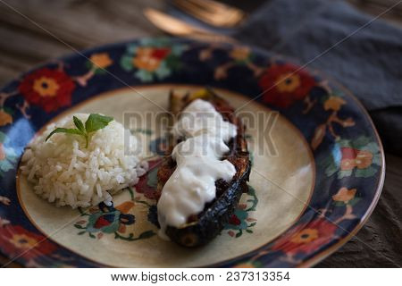 Stuffed Eggplant With Rice On Colorful Plate