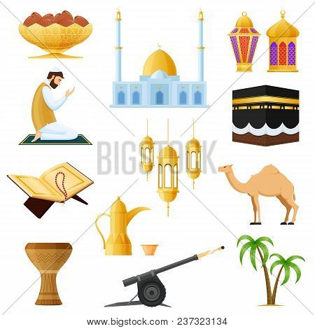 Set Traditional Muslim Objects In Ramadan Kareem. Islamic Holy Month. Golden Cup With Dates, Prayer 