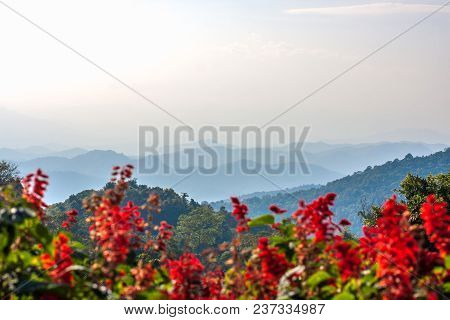 Beautiful Landscape With Blue And Foggy Mountaines Range In Northern Thailand, Chiang Mai Province F
