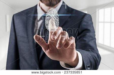 Woman Pressing On Virtual Button With Dactyloscopy Scanner. Fingerprints Identification Concept.