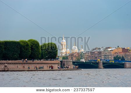 Russia, Saint Petersburg - August 18, 2017: View From The Neva River To Strelka Of The Vasilievsky I