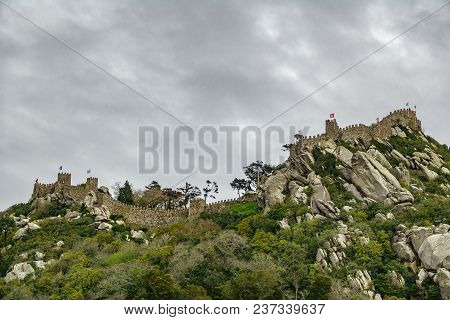 Worms Eye View Long Shot Of Castle Of Moors In Sintra, Portugal
