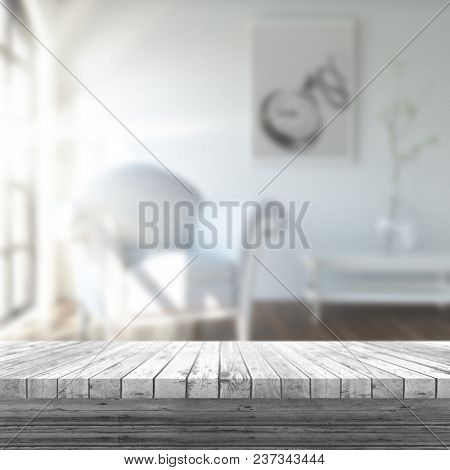 3D render of a wooden table looking out to a defocussed lounge with sun shining through the window