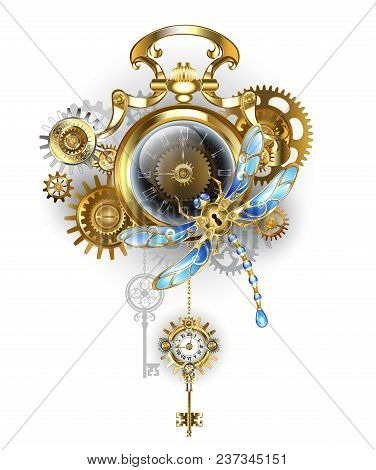 Antique, Gold Watch With Dark  Steampunk Clock Face With Mechanical Dragonfly, Brass And Gold Gears 