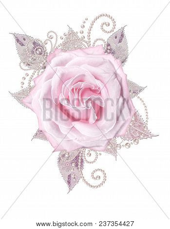 Decorative Decoration, Paisley Element, Delicate Textured Silver Leaves Made Of Fine Lace And Pearls