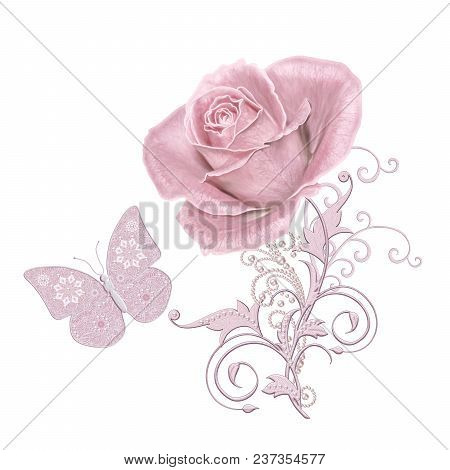 Decorative Decoration, Paisley Element, Delicate Textured Silver Leaves Made Of Fine Lace And Pearls