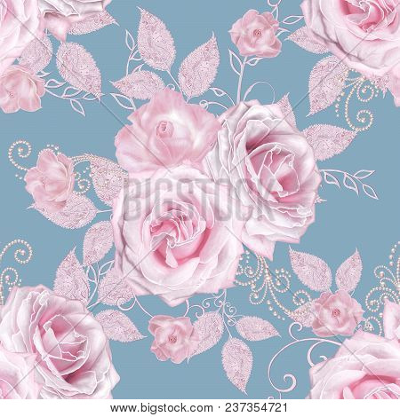 Seamless Pattern. Decorative Decoration, Paisley Element, Delicate Textured Silver Leaves Made Of Th