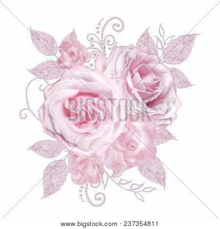 Decorative Decoration, Paisley Element, Delicate Textured Silver Leaves Made Of Fine Lace And Pearls