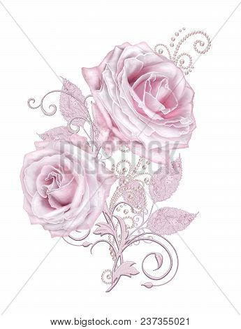 Decorative Decoration, Paisley Element, Delicate Textured Silver Leaves Made Of Fine Lace And Pearls