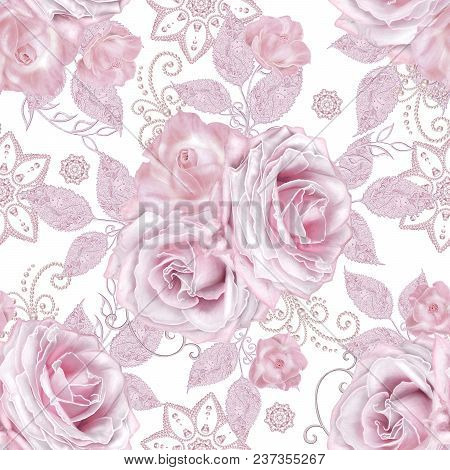 Seamless Pattern. Decorative Decoration, Paisley Element, Delicate Textured Silver Leaves Made Of Th