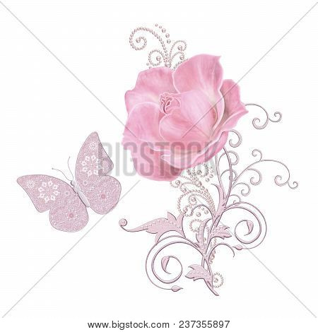 Decorative Decoration, Paisley Element, Delicate Textured Silver Leaves Made Of Fine Lace And Pearls