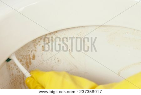 Closeup Woman's Hands In Yellow Rubber Gloves Wash The Toilet With Brush.