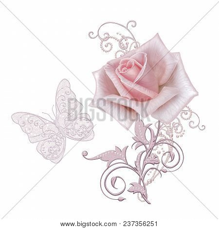 Decorative Decoration, Paisley Element, Delicate Textured Silver Leaves Made Of Fine Lace And Pearls