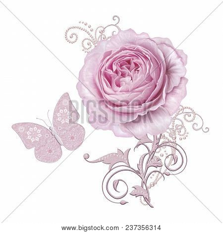 Decorative Decoration, Paisley Element, Delicate Textured Silver Leaves Made Of Fine Lace And Pearls