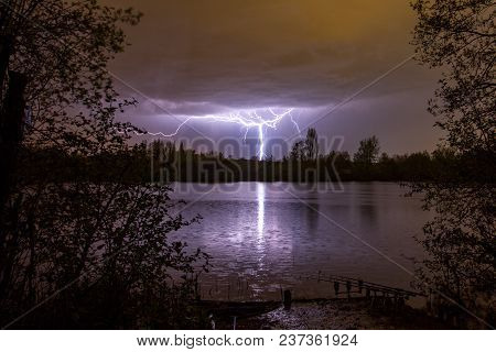 Lightning Bolt As Summer Storm Passes Over Carp Fishing Lake