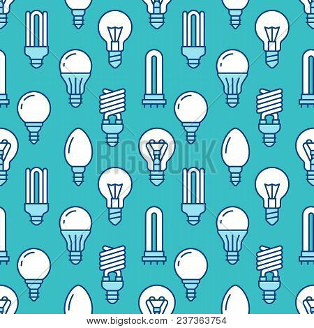 Light Bulbs Seamless Pattern With Flat Line Icons. Led Lamps Types, Fluorescent, Filament, Halogen, 
