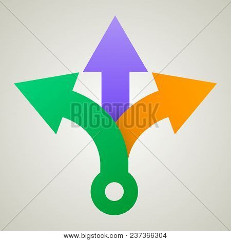 Three Way Direction Arrows. Simple Color Triple Arrow Heads Sign.