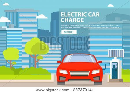 Station Electro Recharge Cars Panel Solar Power Battery.city Landscape Buildings Skyscrapers And Roa