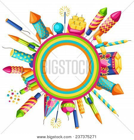 Background With Colorful Fireworks. Different Types Of Pyrotechnics, Salutes And Firecrackers.