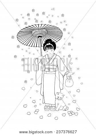Little Japanese Girl And Her Kitten Under A Rain Of Flowers That Become Hearts (bianco E Nero)