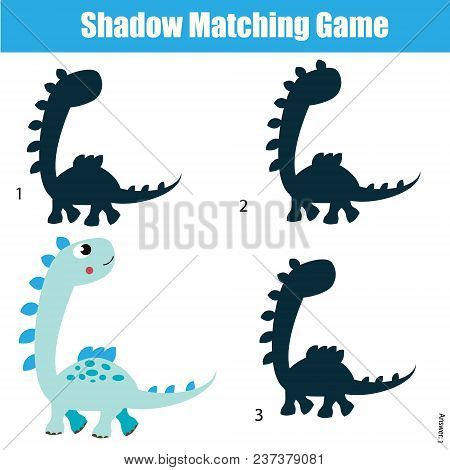 Shadow Matching Game For Children. Find The Right Shadow For Dinosaur. Activity For Preschool Kids A
