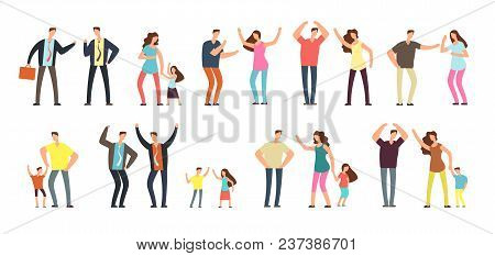 Family And Professional Conflict. Angry Stressed Swearing Men, Women And Kids Cartoon Vector Charact