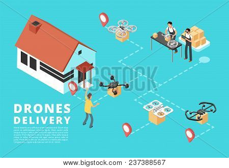 People With Quadrupter Sending And Receiving Goods. Drone Delivery Service Vector 3d Isometric Conce