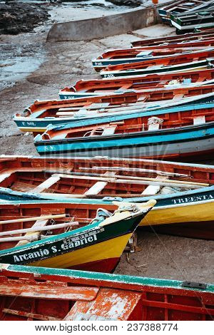 Santo Antao Island, Cape Verde - December 23, 2017: Traditional Vivid Colored Fishing Boats In The H