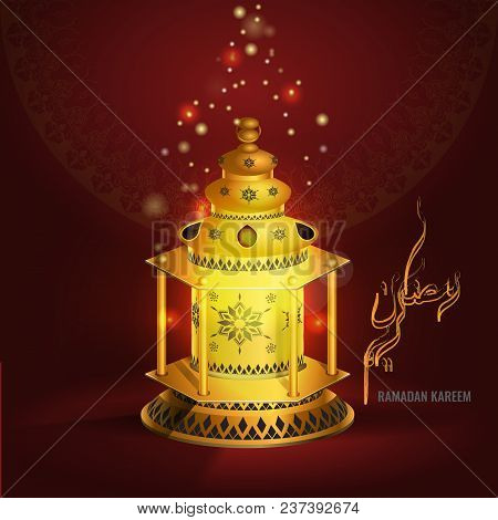 Ramadan Kareem Vector Greetings Design With Lantern Or Fanoos Mock Up With Red Background. Vector Il