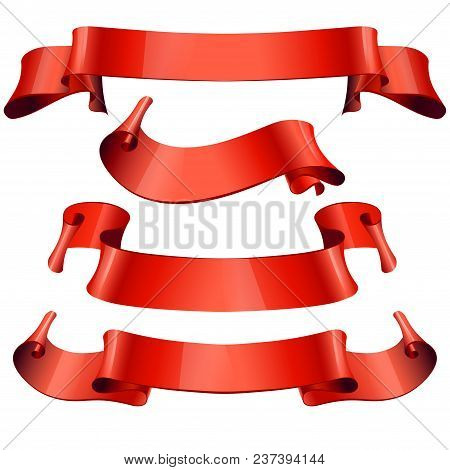 Ribbons Set. Realistic Red Glossy Paper Ribbon. Vector Illustration