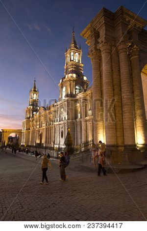 AREQUIPA PERU NOVEMBER 9: Main square of Arequipa with church on november 9 2015 in Arequipa Peru. Arequipa's Plaza de Armas is one of the most beautiful in Peru.
