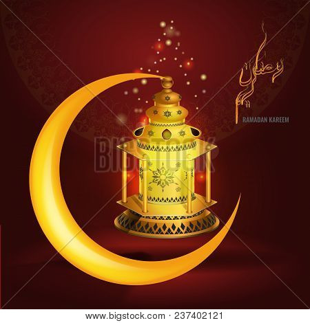 Ramadan Kareem Vector Greetings Design With Lantern Or Fanoos Mock Up With Red Background. Vector Il