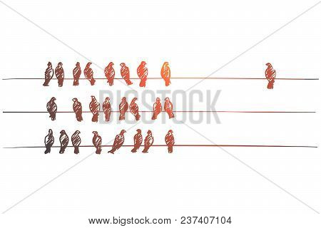 Vector Hand Drawn Identity Concept Sketch With Three Lines Of Cable Wires Full Of Pigeons Sitting On