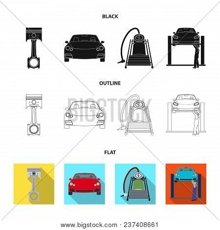 Car On Lift, Piston And Pump Black, Flat, Outline Icons In Set Collection For Design.car Maintenance