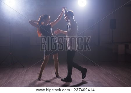 Beauty Couple Dancing Social Danse Kizomba Or Bachata Or Semba Or Taraxia On Grey Background