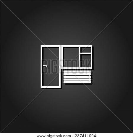 Window And Door Icon Flat. Simple White Pictogram On Black Background With Shadow. Vector Illustrati