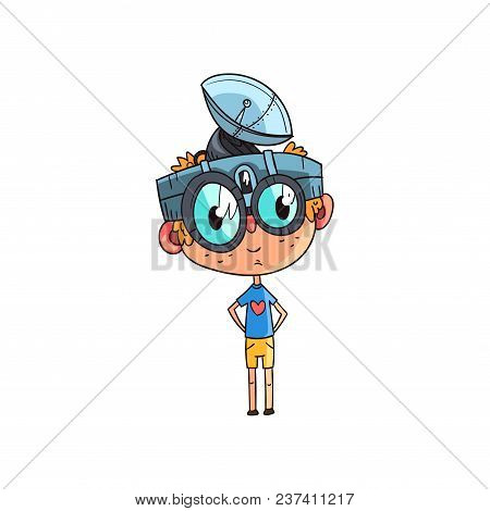 Cute Scientist Boy Character Working On Physics Science Experimen, Funny Kid In Fantastic Headdress 