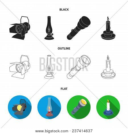 Searchlight, Kerosene Lamp, Candle, Flashlight.light Source Set Collection Icons In Black, Flat, Out