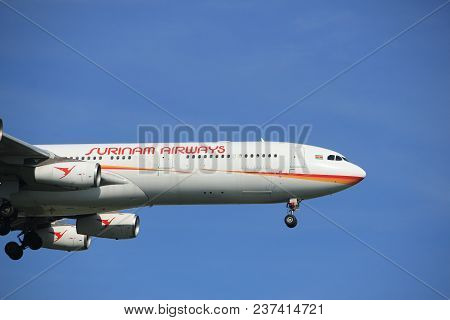 Amsterdam The Netherlands - April, 19th 2018: Pz-tcr Surinam Airways Airbus A340-300 On Final Approa