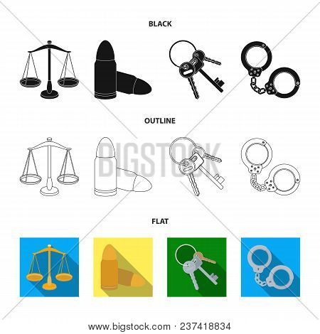 Scales Of Justice, Cartridges, A Bunch Of Keys, Handcuffs.prison Set Collection Icons In Black, Flat
