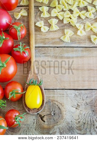 Beautiful Tasty Colorful Pattern Of Italian Pasta, Tomatoes. Top View. Abstract. Food Concept.
