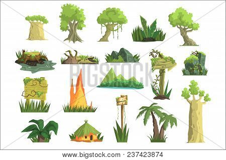 Tropical Jungle Landscape Set, Design Elements For Computers Game Interface Vector Illustrations On 