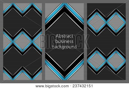 Set Of Three Abstract Geometric Business Pattern In Vertical Format With Diamond-shaped Blue And Bla