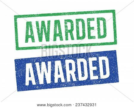 Vector Illustration Of The Word Awarded In Green And Blue Ink Stamps
