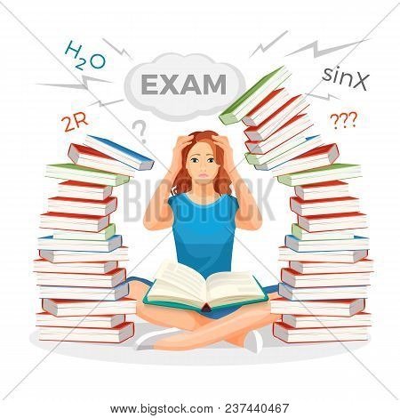 Girl Student Surrounded With Books And Prepares For Exam. Piles Of Textbooks And Young Female Charac