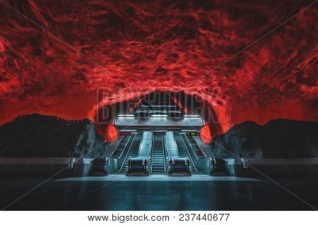 Classic View Of Famous Solna Centrum Metro Station In Stockholm Tunnelbana Subway System, Sweden, Sc
