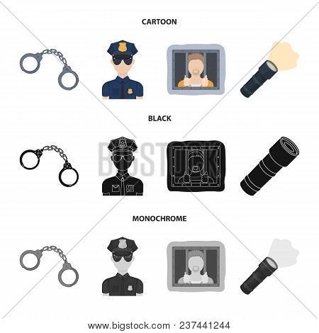 Handcuffs, Policeman, Prisoner, Flashlight.police Set Collection Icons In Cartoon, Black, Monochrome