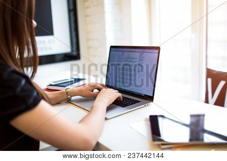 Woman Intelligent Content Writer Keyboarding Promotional Text On Laptop Computer. Female Skilled Blo