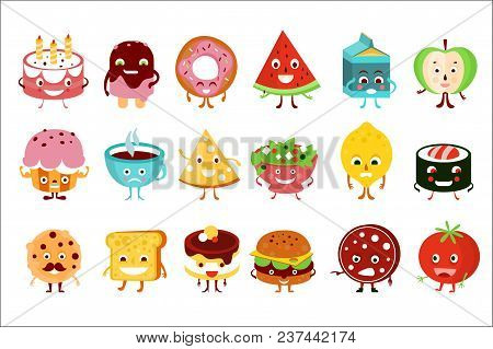 Cartoon Funny Food Characters Set, Cake, Watermelon, Ice Cream, Donut, Apple, Cupcake, Pizza, Sushi 